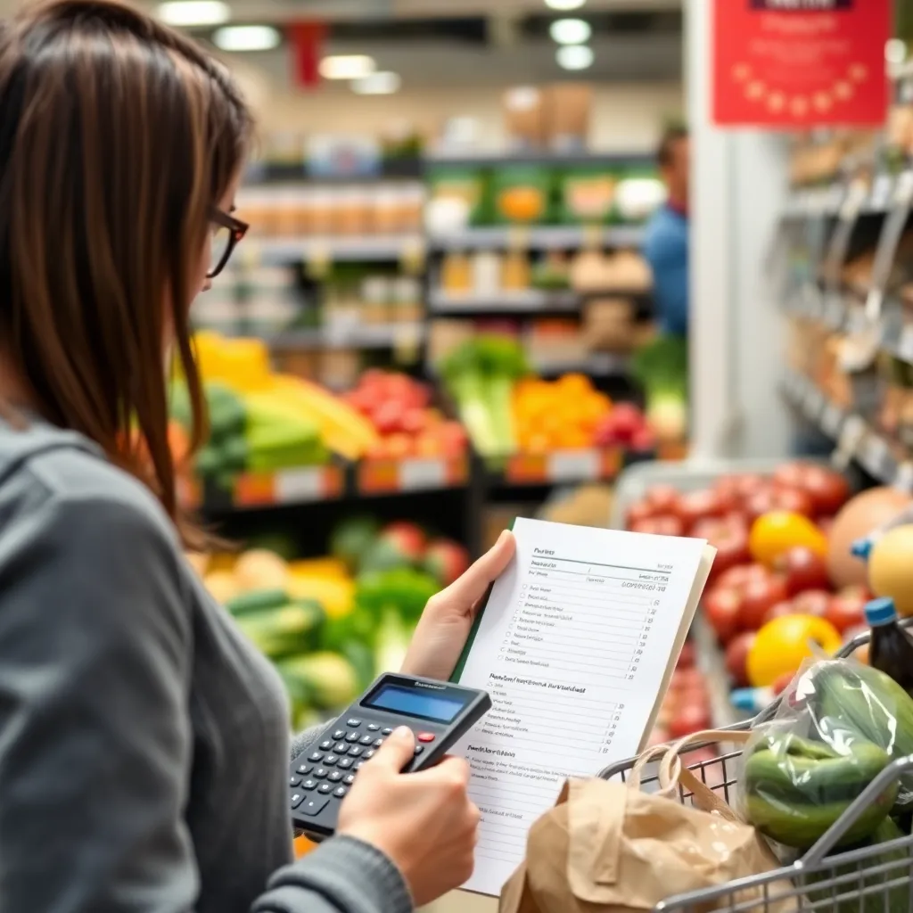 Persoon die boodschappen doet met boodschappenlijst en rekenmachine