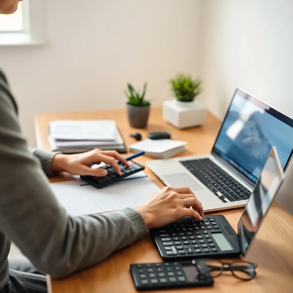 Persoon die financiële planning doet aan bureau met laptop en rekenmachine