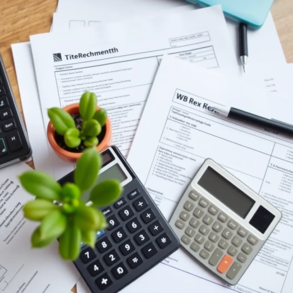 Belastingformulieren en rekenmachine op bureau met plant
