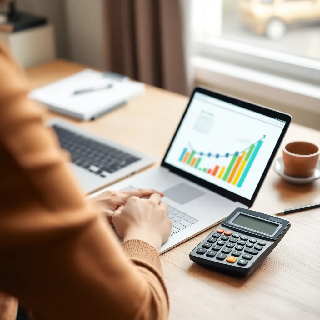 Een persoon die financiële planning doet met een laptop en rekenmachine