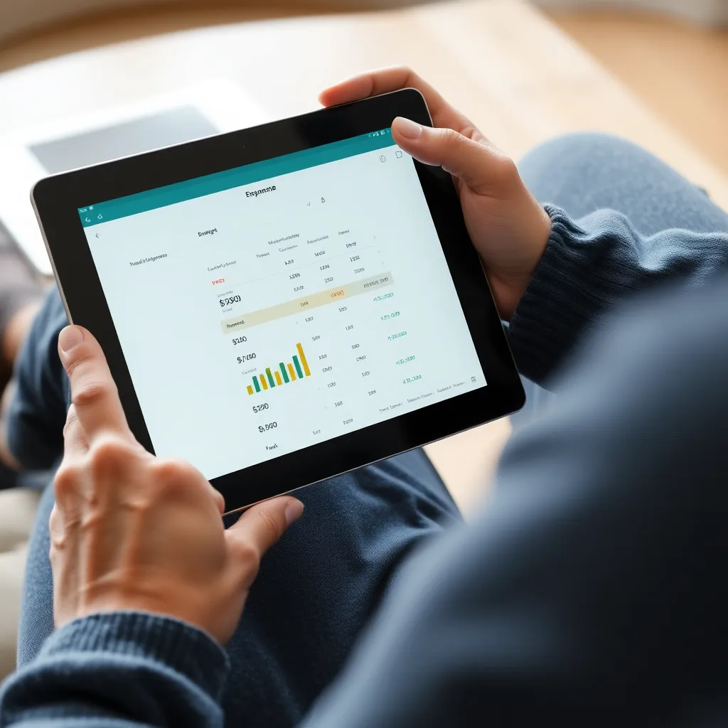 Iemand die uitgaven bijhoudt op een tablet met budgetteringsapp